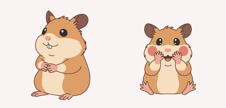 Two cartoon hamsters with brown and cream fur standing and sitting with one hamster holding its paws to its face in a surprised expression against a plain light background