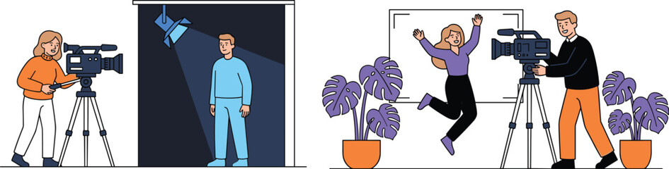 Two scenes of production featuring a camerawoman filming a man under a spotlight and a cameraman filming a woman jumping for joy in a studio with potted monstera plants in a flat style © DesignNest