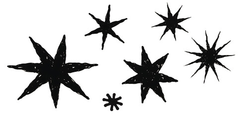 Obraz premium Set of hand drawn star shapes with splatter and grunge texture effects isolated on transparent background transparent background
