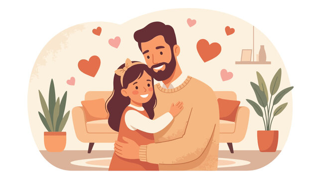 Father embraces his daughter affectionately in a brightly lit interior space surrounded by red hearts.