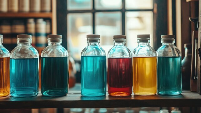 demijohn. Interior of an old apothecary with demijohn bottles of colored liquids on a shelf, soft window light. real-estate listings.