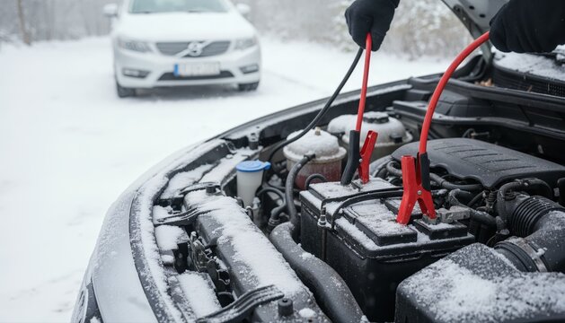 Jump-starting a car in the snow: A person uses jumper cables to start a car with a dead battery on a snowy day, with another car in the background.