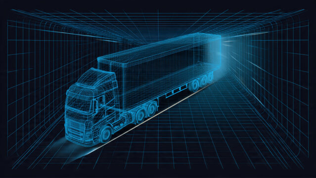 Futuristic digital wireframe truck in glowing blue grid with high tech design for logistics
