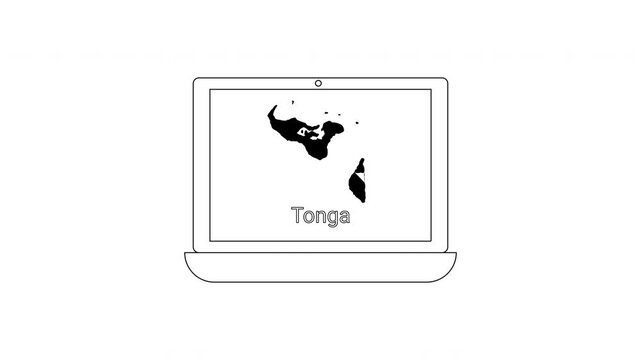 Laptop displaying map of Tonga country outline and name.