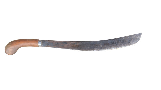 An old and rusty traditional machete which is usually used as a farming tool with a transparent background.