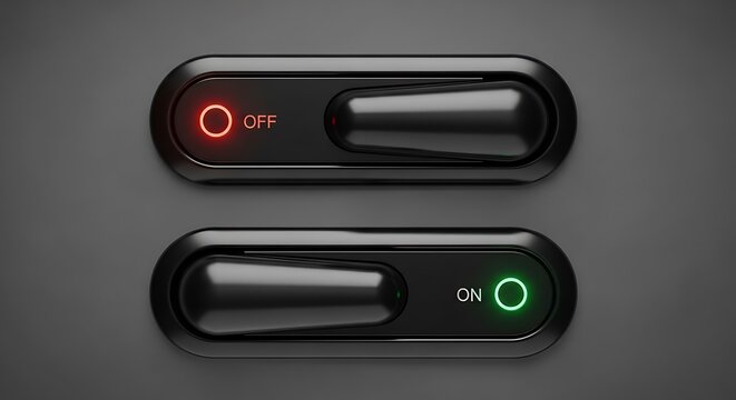 Modern electronic toggle switches in on and off positions on dark background minimalist design