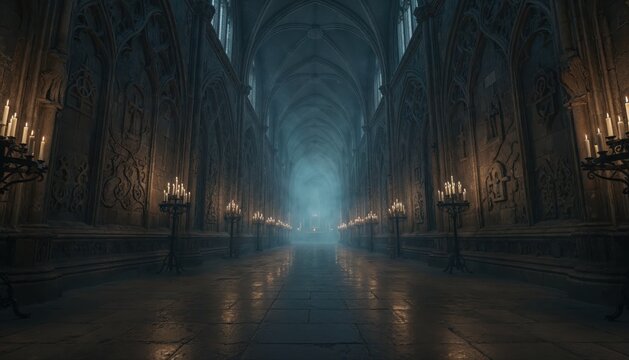 Gothic Hallway Mystery: An eerie Gothic hallway stretches into darkness, illuminated by flickering candlelight, creating a sense of mystery and ancient grandeur.