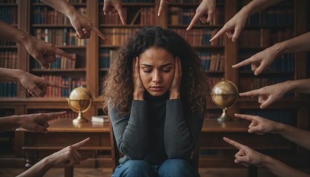 Shame and Blame: A young woman is surrounded by accusatory fingers, feeling overwhelmed and ashamed as judgement is cast upon her in a room filled with books.
