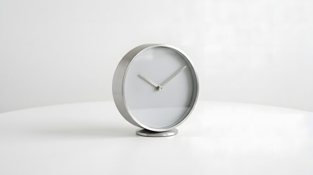 A Round Clock With A Silver Base On A White Surface The Clock Has A Round Background