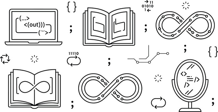 Software Programming and Coding Education Vector Line Icon Set with Laptop Book Infinity Loop and DevOps Symbols