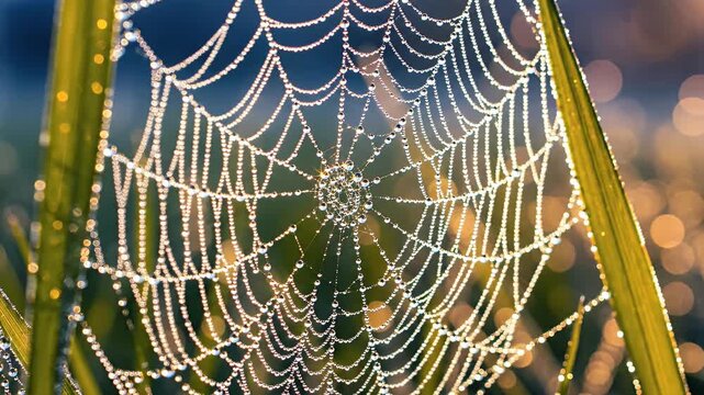 Close-up view of a dew-covered spiderweb with shimmering water droplets on a blade of grass
