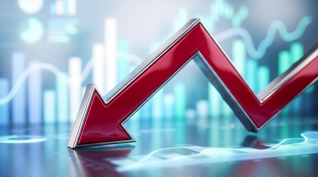 Glossy 3D red arrow pointing down against a blurred background of business charts. Symbolizes financial loss, economic crisis, recession, bankruptcy, and negative stock market trend.