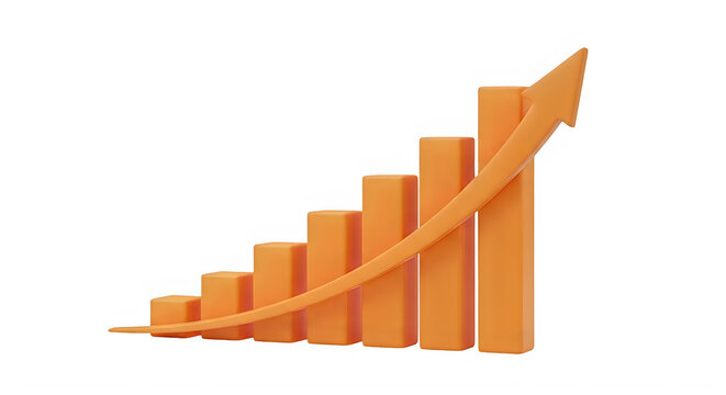 Orange upward growth bar chart with increasing height isolated on transparent background