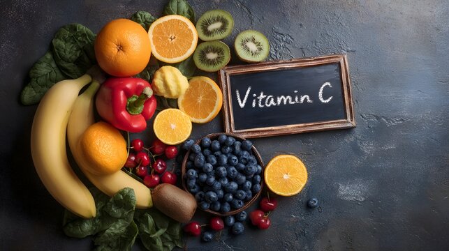 fruits and vegetables on wooden table with vitamins