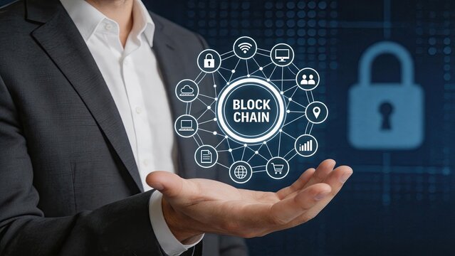 Businessman holding blockchain technology hologram with security icons, digital network concept for finance and data protection, futuristic interface showing connected nodes and