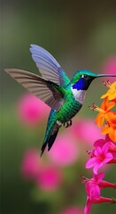 Obraz premium Iridescent green and blue small bird hovers near bright tubular blossoms for nectar