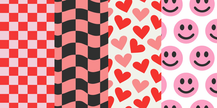 Repeating patterns of checkerboard hearts and smiley faces vector illustration