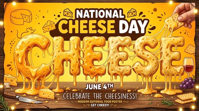 Vibrant National Cheese Day poster featuring melty cheese typography and dipping cracker