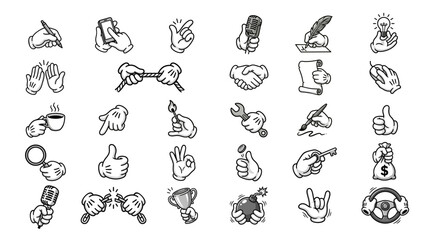 Obraz premium Cartoon gloved hands icon set. Vintage rubber hose style hand gestures holding objects like microphone, coffee cup, key, and money bag. Vector illustration.