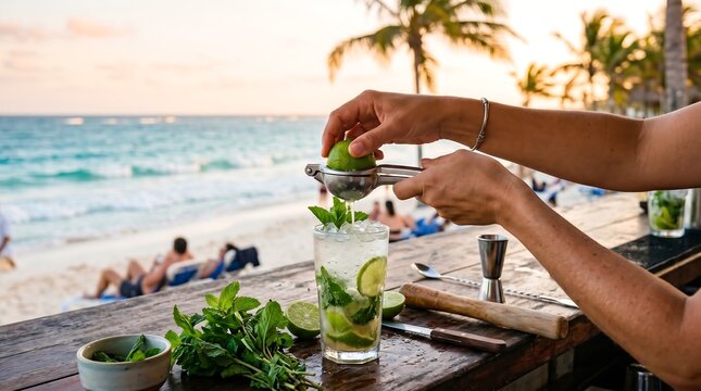 Bartender squeezing lime into mojito cocktail at beach bar. Preparation of refreshing summer alcoholic drink with mint and ice. Tropical vacation lifestyle and holiday concept.