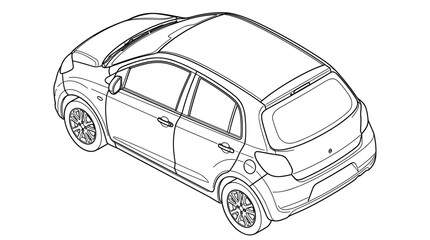 Fototapeta premium Modern Hatchback Car Outline Drawing Top View Isolated White Background