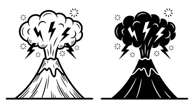 Volcano eruption with lightning and smoke in black and white outline and silhouette