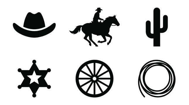 Western Cowboy Icons Set Silhouette Cowboy Hat Cactus Sheriff Star Wagon Wheel Lasso