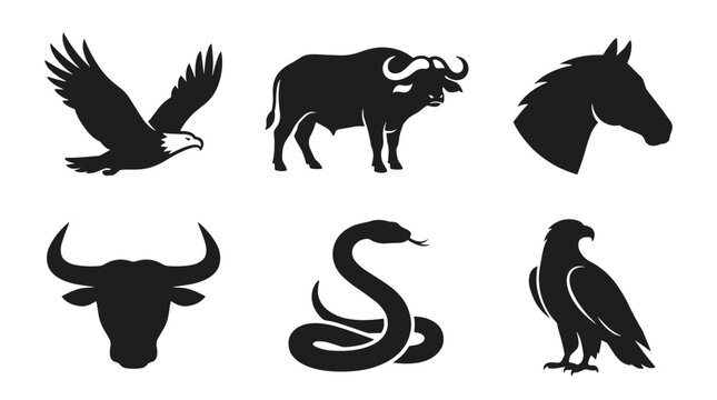 Collection of Animal Silhouettes Eagle Buffalo Horse Bull Snake Bird