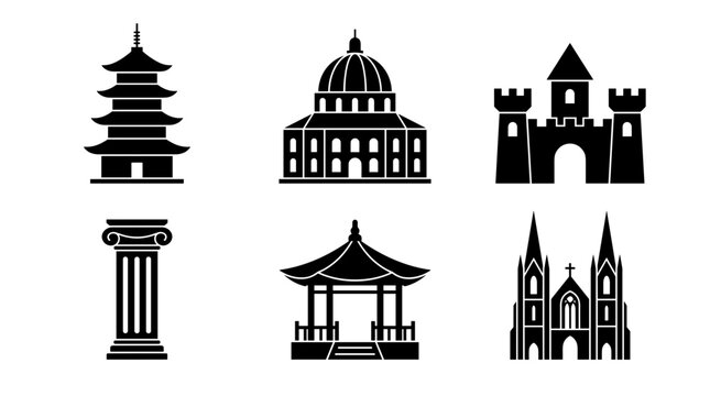 Collection of diverse architectural building silhouettes including pagoda capitol castle column gazebo and church