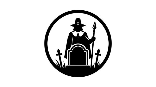 Pilgrim silhouette standing guard at a graveyard with tombstone and crosses