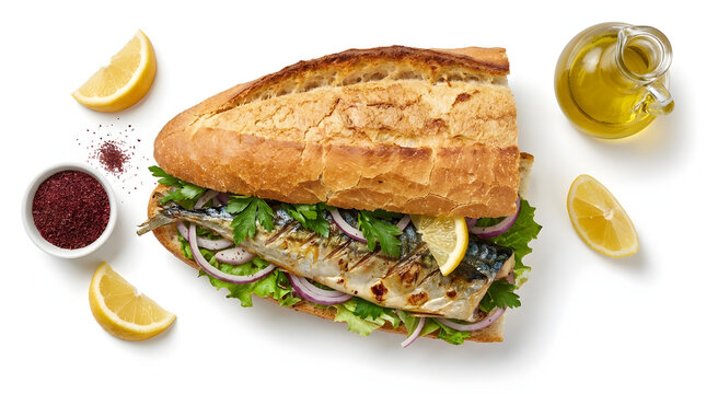 Mouth-watering photorealistic Turkish Balık Ekmek sandwich filled with grilled mackerel, onions, and fresh lettuce