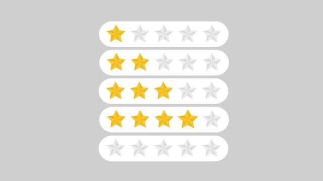 Educational animation star rating review, transparent background, customer feedback, rating stars, 1-5 star reviews, quality rating, animated reviews, feedback animation
