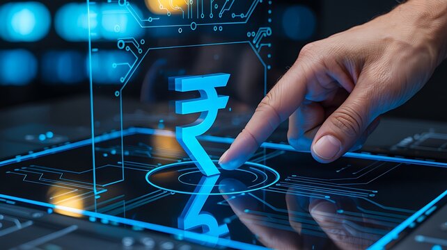 Digital rupee currency interface with touchscreen technology representing modern financial innovation