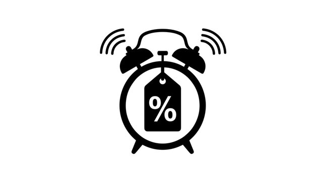 Alarm clock with percentage tag symbolizing sale or discount time
