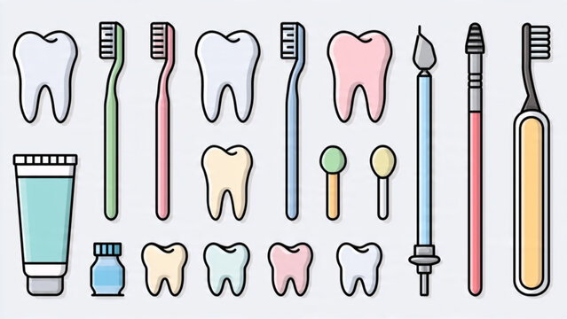 Collection of dental hygiene tools including toothbrushes toothpaste and floss in various colors