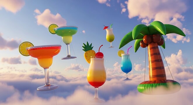 Colorful cocktail glasses and inflatable palm tree floating in a whimsical sky scene