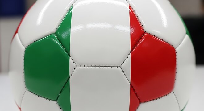 Close up of a football with italian flag colors against a blurred background