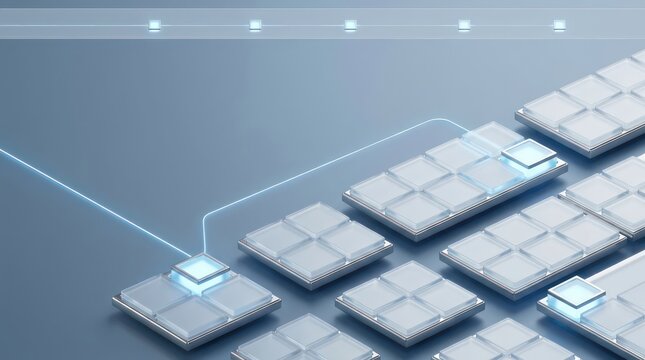 Abstract modular technology background with glowing blue data route, glass tile platforms, clean copy space for business header and digital orchestration