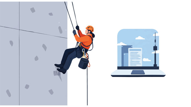 Industrial Abseiler Maintenance Worker and Laptop with Smart City Interface Technology Vector Illustration