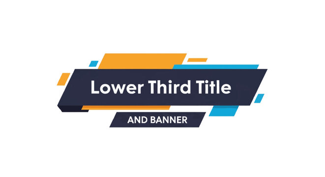 Modern vector lower third title and banner graphic with overlapping geometric shapes in dark blue, bright orange, and cyan blue colors, isolated on a white background.