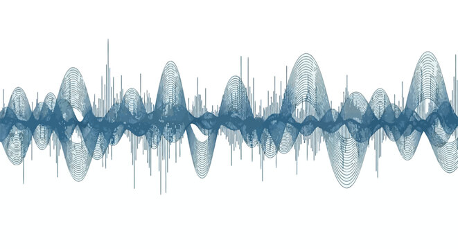 Horizontal abstract blue digital wave illustration featuring sinusoidal curves and vertical signal frequency bars against a white background for data visualization and audio concepts.