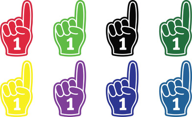 Fototapeta premium Fan foam hands number one set. Vector illustration of sports fan finger gloves with #1 sign. Collection of red, blue, green, black icons for game support. Winner champion concept.