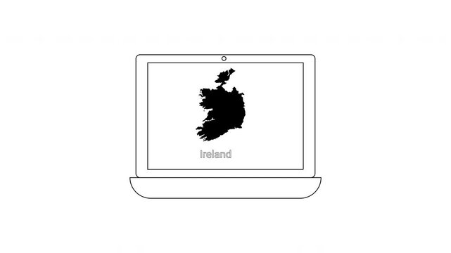 Laptop displaying the map of Ireland with the word Ireland on screen.