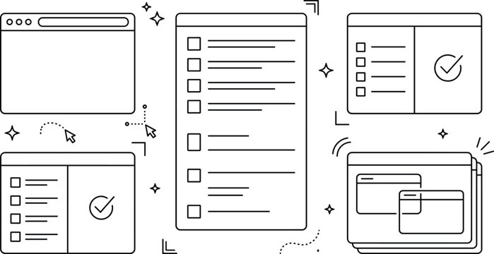 Website User Interface Browser Window and Online Questionnaire Checklist Vector Line Icon Set for App Development