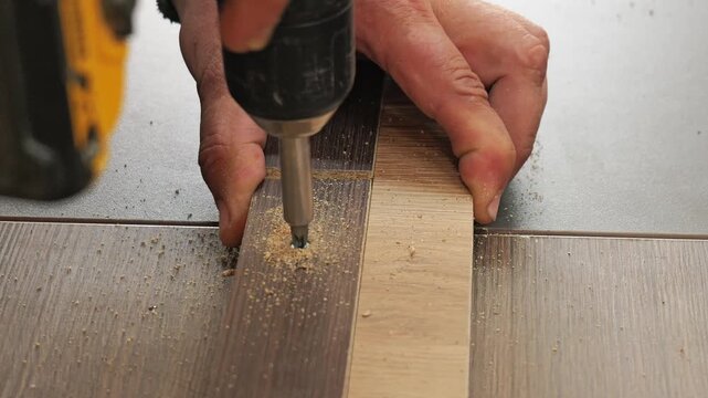 Carpenter screwing a wood laminate threshold strip
