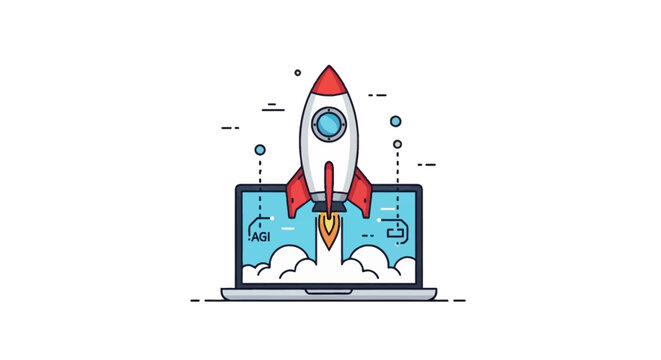 Vector illustration of a red and white rocket ship launching from a laptop screen with smoke and fire, featuring AGI text and tech symbols on a white background.