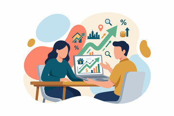 Fototapeta premium Couple discussing financial and real estate investment plans on laptop