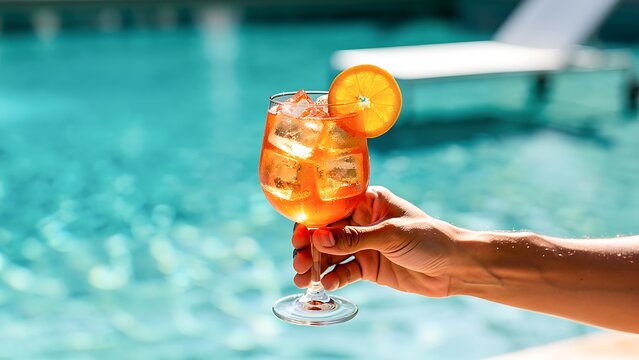 Hand holding a glass of spritz cocktail with orange slice over a swimming pool. Refreshing summer alcohol drink. Vacation, leisure, relaxation and luxury resort lifestyle concept.