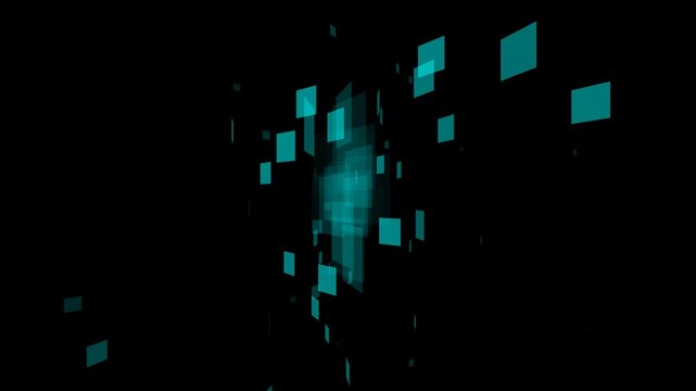 Cybernetic matrix of glowing light blue pixels and squares on black. Abstract neon light blue digital squares rotating on black background for IT presentations, technology, blockchain, and Big Data.
