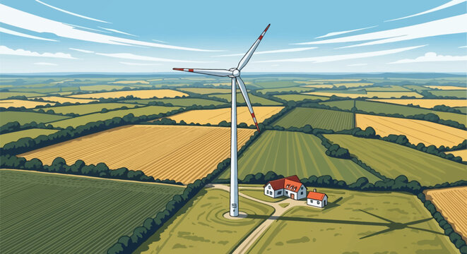 Aerial vector illustration of a tall white wind turbine with red-tipped blades standing in a patchwork of agricultural fields near a small farmhouse under a clear blue sky.